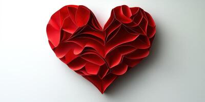 Intricately crafted red paper heart showcasing artistic design and texture against a neutral background photo