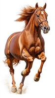 Majestic chestnut horse galloping with grace in an open field during a sunny day photo