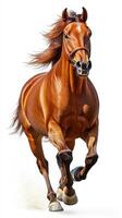 Majestic brown horse galloping across a sandy surface with flowing mane and energetic strides in bright light photo