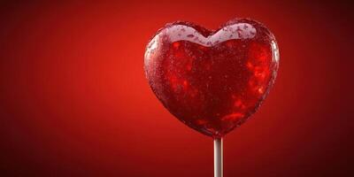 Bright red heart-shaped lollipop on a stick against a vivid red background photo