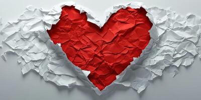 Torn paper reveals a vibrant red heart shape, expressing love and emotion in a creative design technique photo