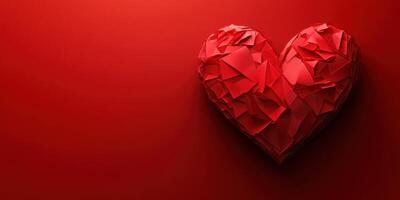 Red paper heart sculpture on a vibrant red background for romantic themes and artistic expression photo