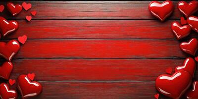 Decorative red hearts on wooden background create romantic atmosphere for celebrations and special occasions photo