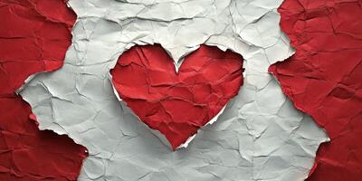 Torn paper creates a heart shape against a red and white background in a creative art piece photo