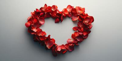 Heart shape created from red rose petals on a neutral background showcasing love and romance photo