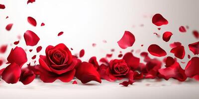 Red rose petals scattered elegantly across a soft background with full roses in bloom photo