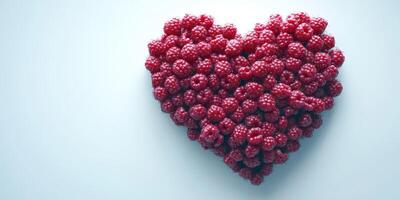 Fresh raspberries arranged in a heart shape on a light background showcasing vibrant color and texture photo