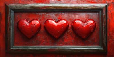 Three heart-shaped decorations mounted in a red frame against a textured red wall photo