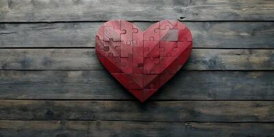 Heart-shaped wooden puzzle piece arrangement on textured wooden background suitable for creative projects and crafts photo