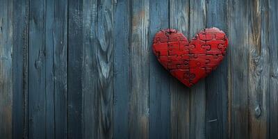 Heart-shaped puzzle piece decor on wooden background evokes feelings of love and connection in a cozy setting photo