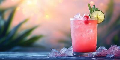 Refreshing cocktail with lime and cherry served on ice in a vibrant outdoor setting during sunset photo
