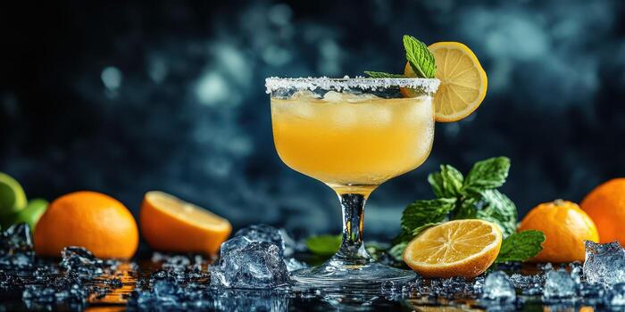 Refreshing citrus cocktail served in a chilled glass with fruit garnishes and ice cubes on a dark background photo