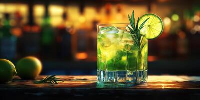 Refreshing green cocktail with lime and rosemary garnished in a lively bar setting during the evening hours photo