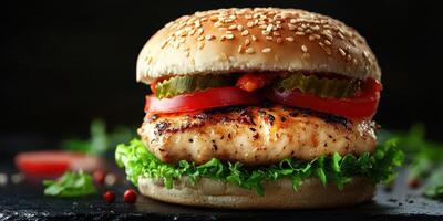 Delicious grilled chicken burger with fresh toppings served on a sesame seed bun at a gourmet restaurant photo