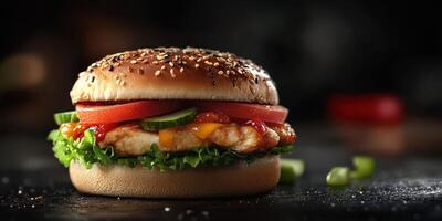 Succulent burger with fresh vegetables and cheese on a dark background photo