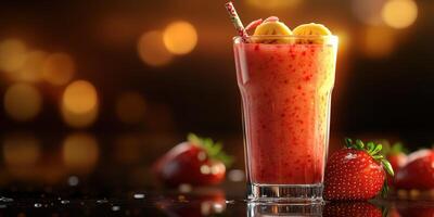 Refreshing strawberry and banana smoothie served in a glass with fresh fruits on a dark background photo