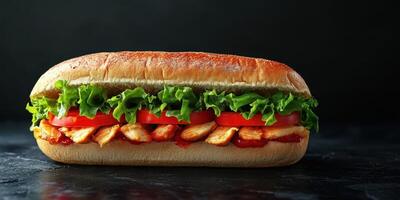 Delicious sub sandwich with grilled chicken, fresh lettuce, and ripe tomatoes on a dark background photo