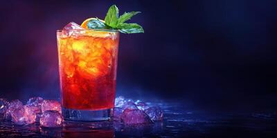 Refreshing cocktail with ice and mint on a dark background during a summer evening celebration photo