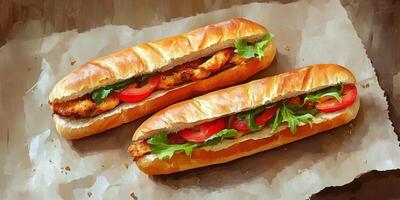 Freshly made chicken sandwiches with lettuce and tomatoes on a rustic surface photo