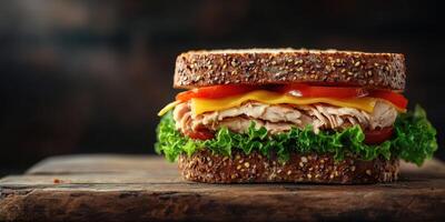 Freshly made turkey sandwich on whole grain bread with tomatoes, cheese, and lettuce photo