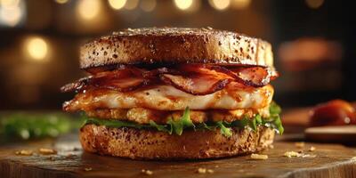 Juicy chicken sandwich with crispy bacon and fresh greens served on whole grain bread in a cozy dining setting photo