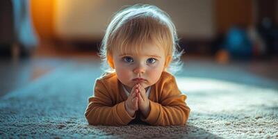 Child with blond hair and blue eyes in orange outfit lies on carpet with hands clasped in prayer indoors at sunset photo