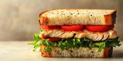 Delicious grilled chicken sandwich with fresh tomatoes and lettuce on artisanal bread photo