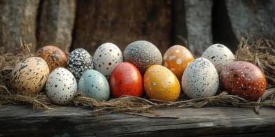 Colorful assortment of decorated eggs arranged in a nest on wooden surface with natural elements photo