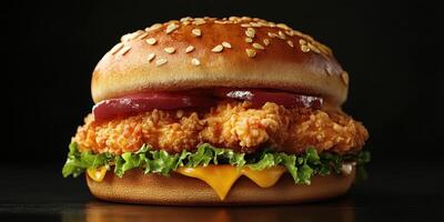 Crispy fried chicken sandwich with lettuce, cheese, and tomato on a sesame seed bun served with vibrant colors photo