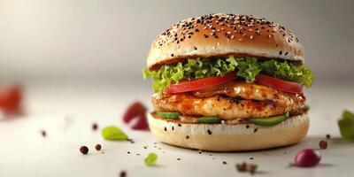 Delicious chicken burger with fresh toppings served on a sesame seed bun in a simple setting photo