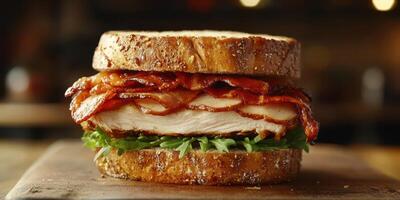 Deliciously crafted sandwich with crispy bacon and tender chicken on hearty whole grain bread photo