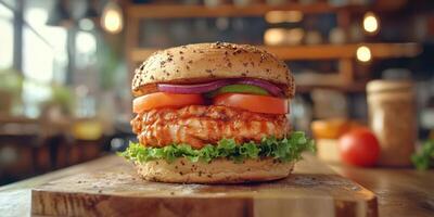 Delicious spicy chicken sandwich served with fresh vegetables in a cozy indoor setting photo