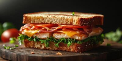 Delicious sandwich made with toasted whole grain bread, crispy bacon, fresh lettuce, and melted cheese during an evening meal photo