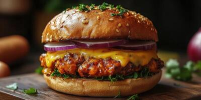 Mouthwatering cheeseburger with melted cheese, grilled chicken, and fresh toppings served on a wooden table photo