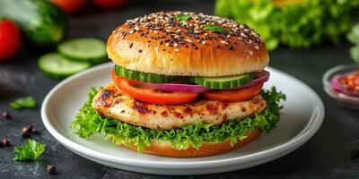 Enjoying a delicious grilled chicken sandwich with fresh vegetables on a sesame seed bun at a cozy lunch spot photo