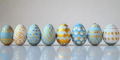 Decorative pastel and gold eggs arranged on a reflective surface for a spring celebration photo