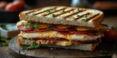 Grilled sandwich with layers of chicken, salami, and cheese on a wooden platter for lunchtime enjoyment photo