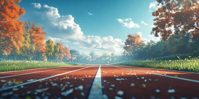 Running track surrounded by autumn foliage with vibrant colors under a clear sky in a tranquil park setting photo