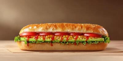 Freshly prepared sandwich with layered vegetables and sauces on a wooden surface photo