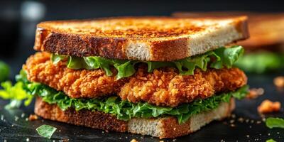 Delicious crispy chicken sandwich with fresh lettuce on toasted bread presented on a dark background photo