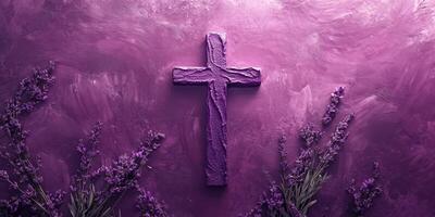 Cross decorated with lavender on a purple backdrop symbolizes spirituality and tranquility during a serene moment of reflection photo