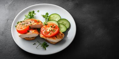 Freshly made grilled chicken served with sliced tomatoes and cucumbers on a white plate photo