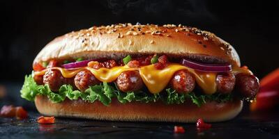 Juicy sausage sandwich topped with cheese and fresh vegetables on a dark background photo
