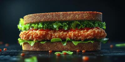 Crispy chicken sandwich with fresh vegetables served on dark background photo