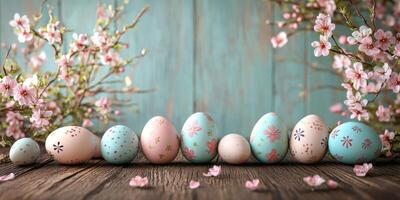 Colorful decorated eggs displayed on a rustic wooden table surrounded by delicate cherry blossoms during spring photo