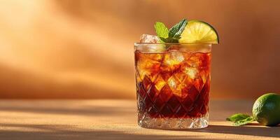 Refreshing iced beverage garnished with lime and mint served in a textured glass on a warm background photo