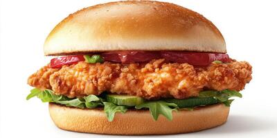 Juicy fried chicken sandwich with fresh lettuce, pickles, and sauce on a toasted bun ready to be enjoyed in midday photo