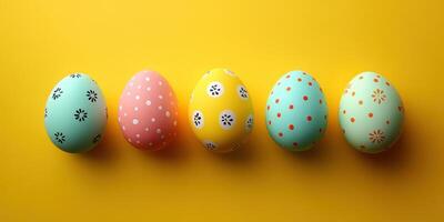Colorful decorated eggs arranged in a row on a bright yellow background celebrating spring and Easter traditions photo