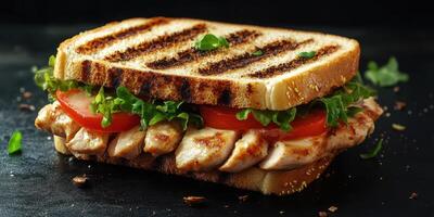 Delicious grilled chicken sandwich with fresh vegetables on toasted bread photo
