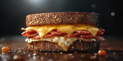 Delicious sandwich made with layers of cheese and pepperoni on whole grain bread photo
